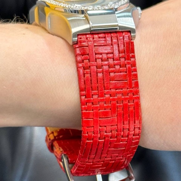 philip stein signature watch MOP dial diamond bezel red wicker strap